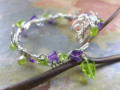 Wire Wrapped Peridot/Amethyst Bracelet, Adjustable Silver bracelet,Birthstone Bracelet,