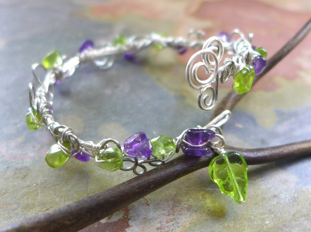 Wire Wrapped Peridot/Amethyst Bracelet, Adjustable Silver bracelet,Birthstone Bracelet,