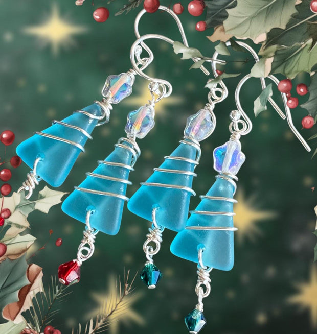 Holiday Dangle Earrings, Ready Ship in ONE day, Sea Glass Christmas Tree Earrings, Beach Glass Christmas Tree Earrings, Sea Glass Jewelry,