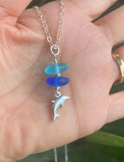 Dolphin Charm Sea Glass Necklace, Beach Glass Pendent with Dolphin charm Jewelry, Gift Idea for Ocean Theme Coastal Style Marine Jewelry
