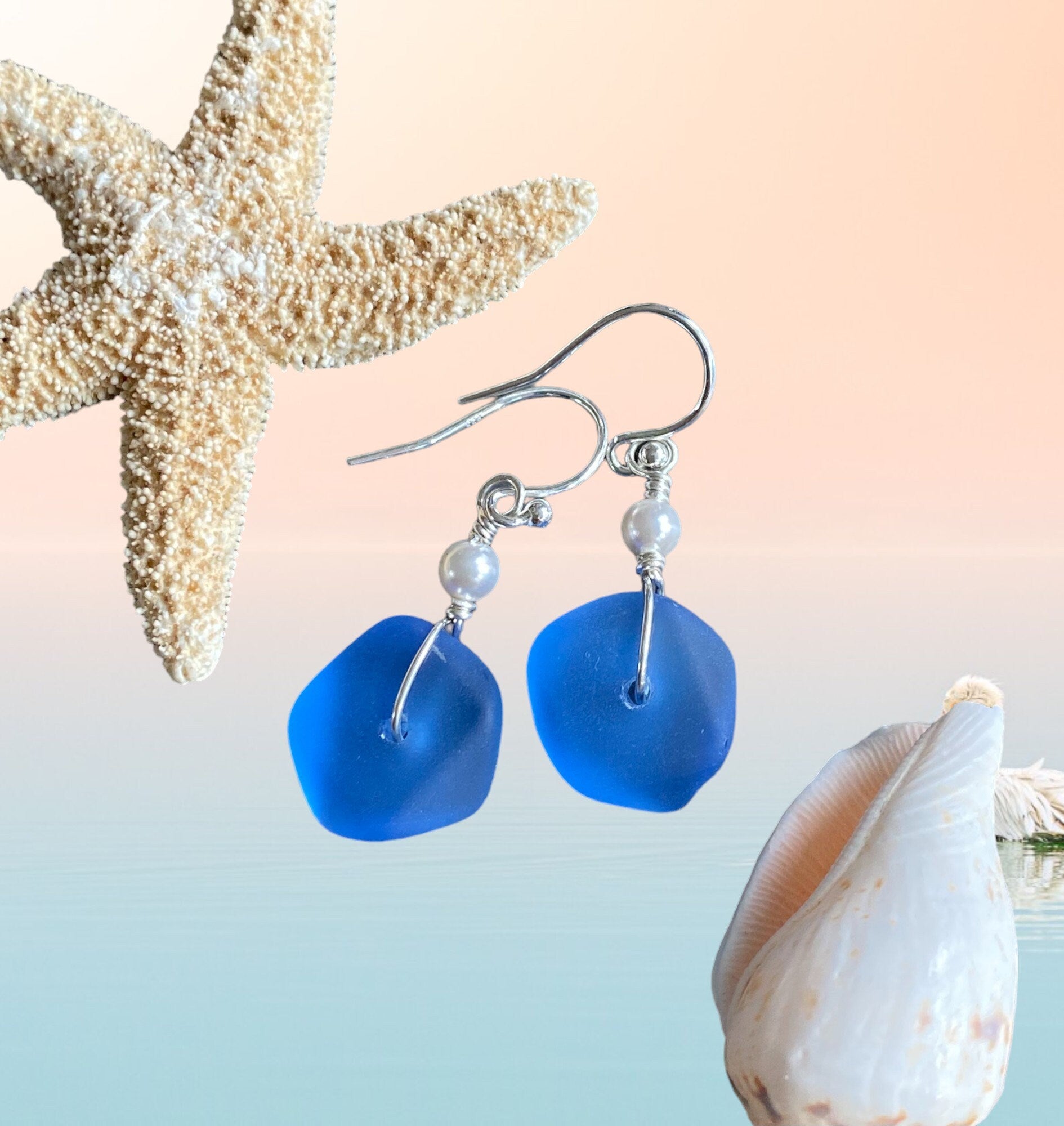 Blue Sea Beach Glass Earrings in Sterling Silver Earwires, Blue Sea Glass Earrings, Beach Weddings, Blue earrings-You Pick Your Favorite