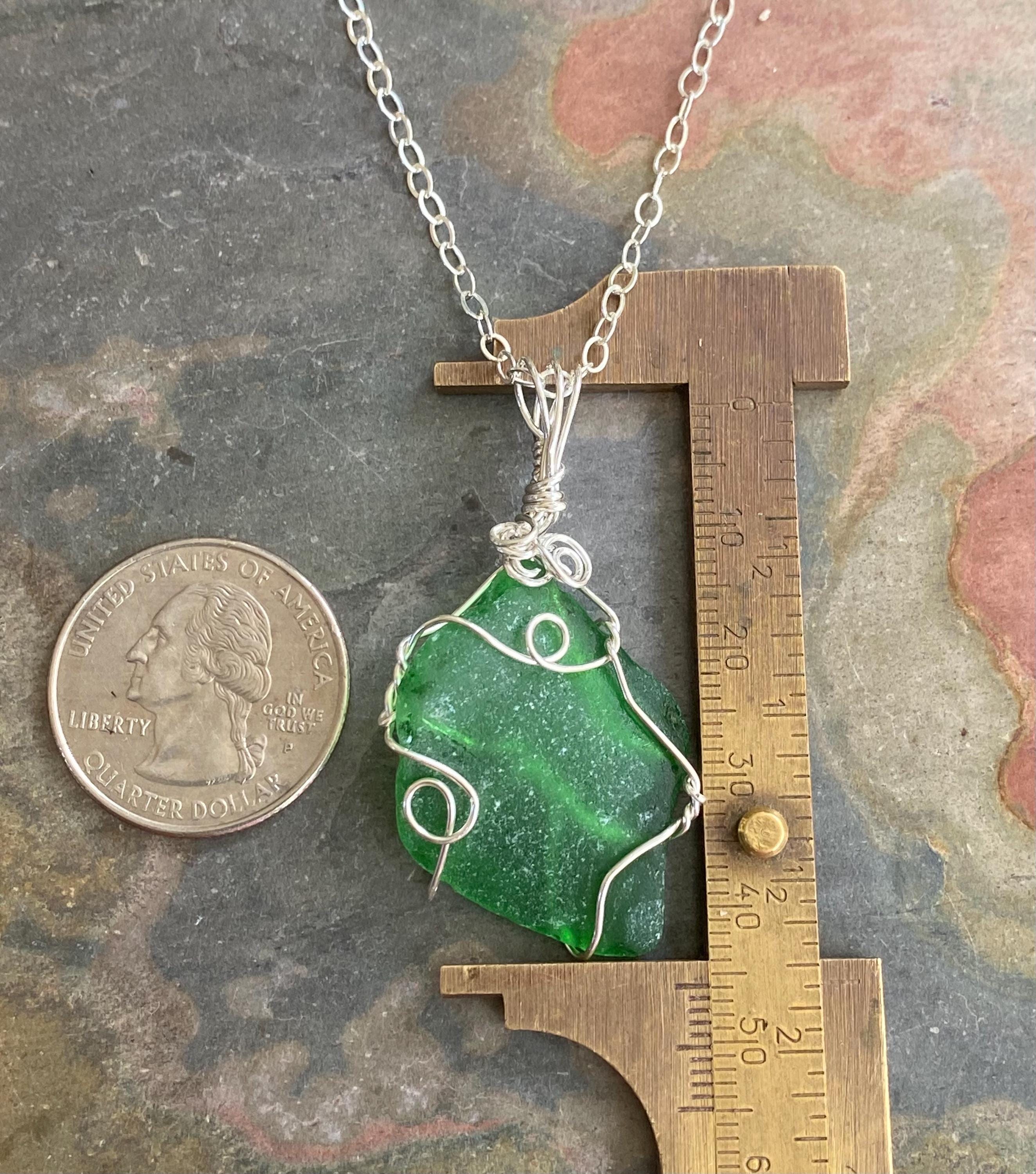 Green Seaglass Pendant Necklace in  Sterling Silver, Wire Wrapped Beach Glass Necklacefor Beach Lovers, Natual Peridot Green Sea Glass