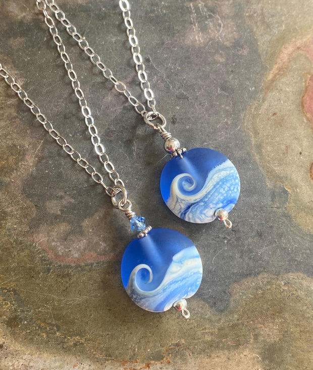 Wave Lampwork  Necklace in .925 Sterling Silver, Ocean Wave Necklace, Blue Beach Wave Sea Glass Necklace, Nautical Sea Glass Jewelry for Her