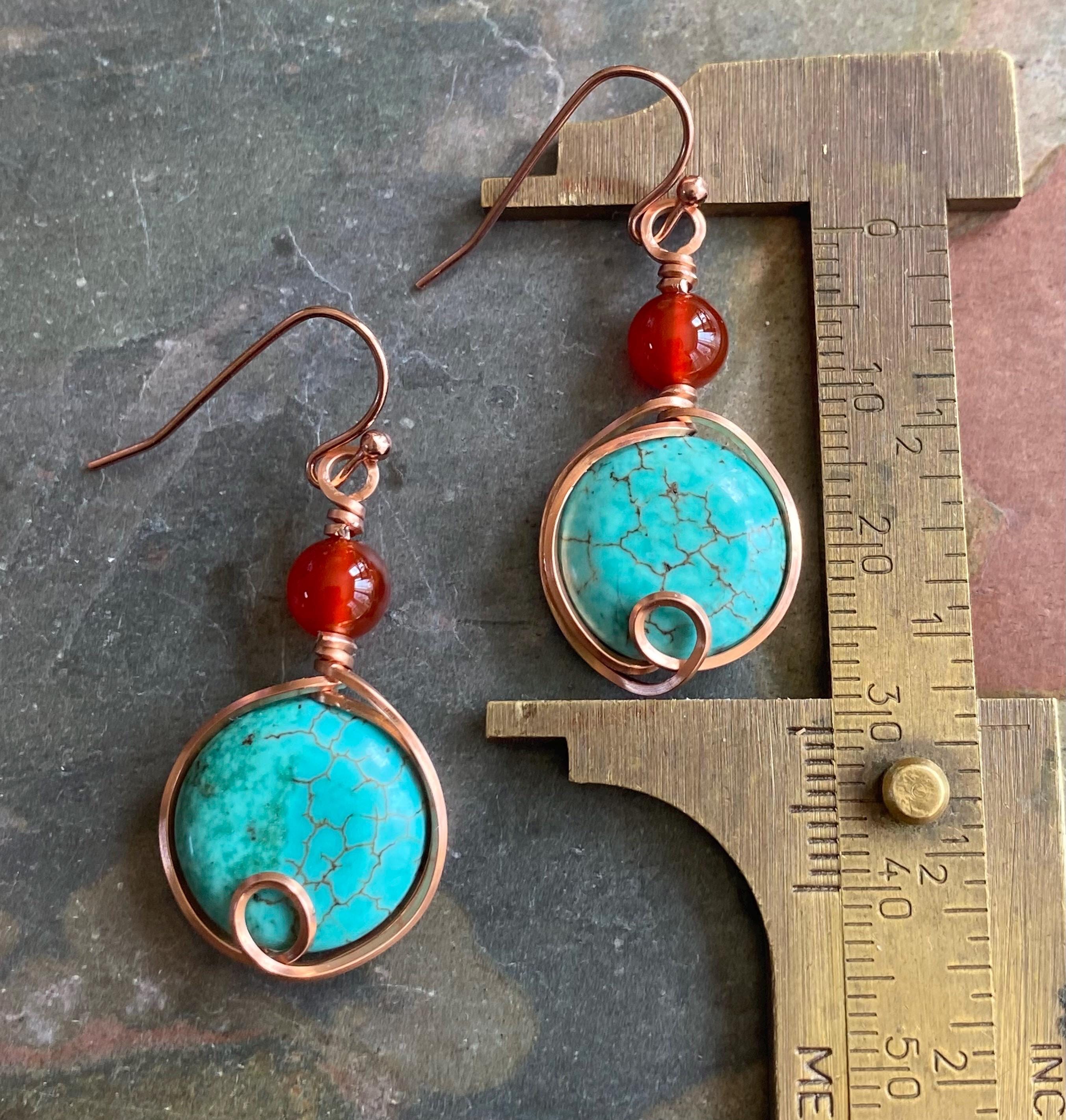 Turquoise Carnelian Earrings in Copper, Wire Wrapped Howlite Turquoise  Dangle Earrings,   Rustic Jewelry, Handmade Jewelry, Gifts for Women