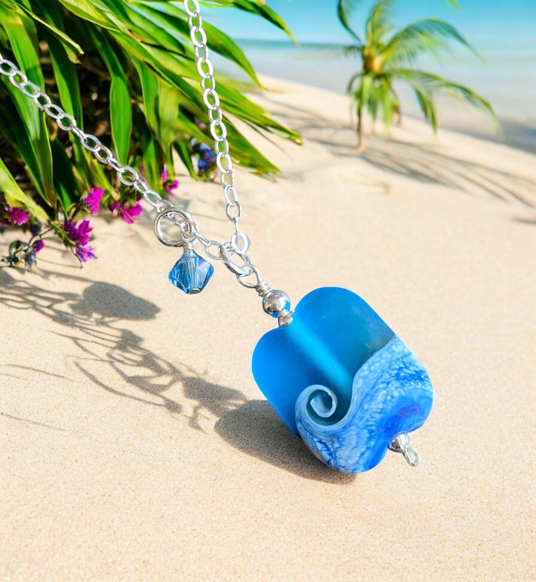 Sterling Silver Ocean Wave Necklace, Lampwork Glass Ocean Wave Necklace, Blue Beach Wave Necklace, Beach Wave Jewelry , Nautical Jewelry