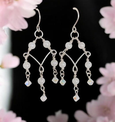 Moonstone Chandelier Earrings in Sterling Silver, Blue Flash Moonstone & Swarovski Crystal Dangles | Statement Bridal Earrings,