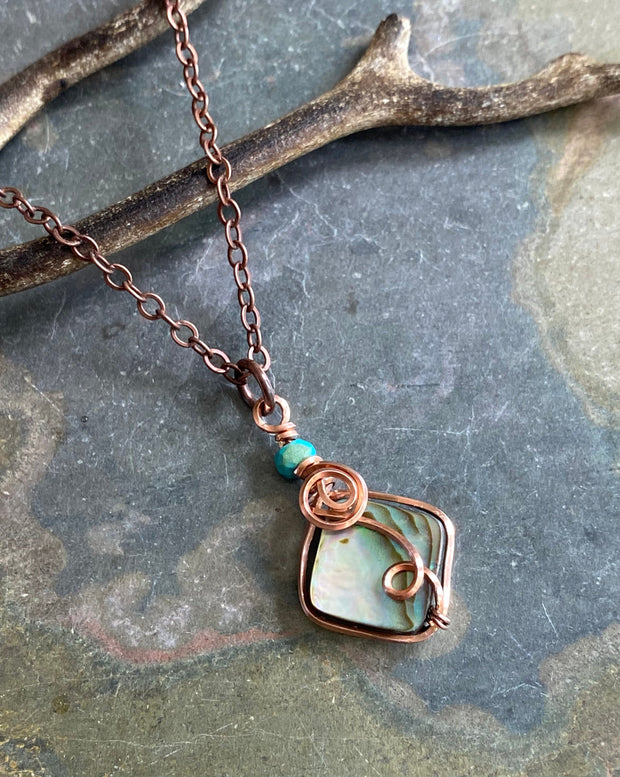Abalone Necklace, Wire Wrapped Abalone Pendant in Copper, Abalone Jewelry, Rainbow Abalone Necklace, Necklace for Women, Summer Necklace