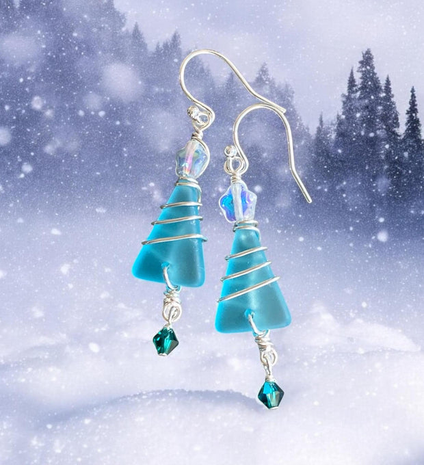 Holiday Dangle Earrings, Ready Ship in ONE day, Sea Glass Christmas Tree Earrings, Beach Glass Christmas Tree Earrings, Sea Glass Jewelry,