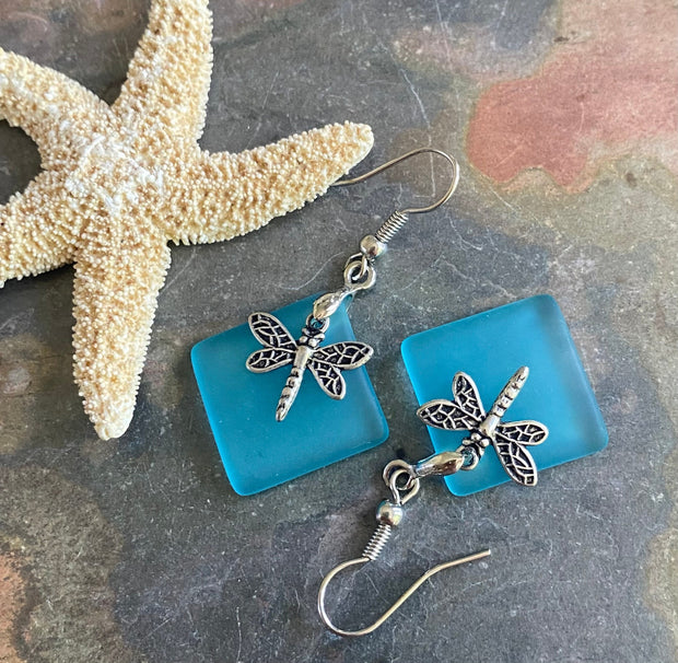 Dragonfly Sea Glass Earrings,Sea Beach Glass Dragonfly Earrings, Turquoise Blue Sea Glass Earrings, Dragonfly Earrings, Fantasy Earrings