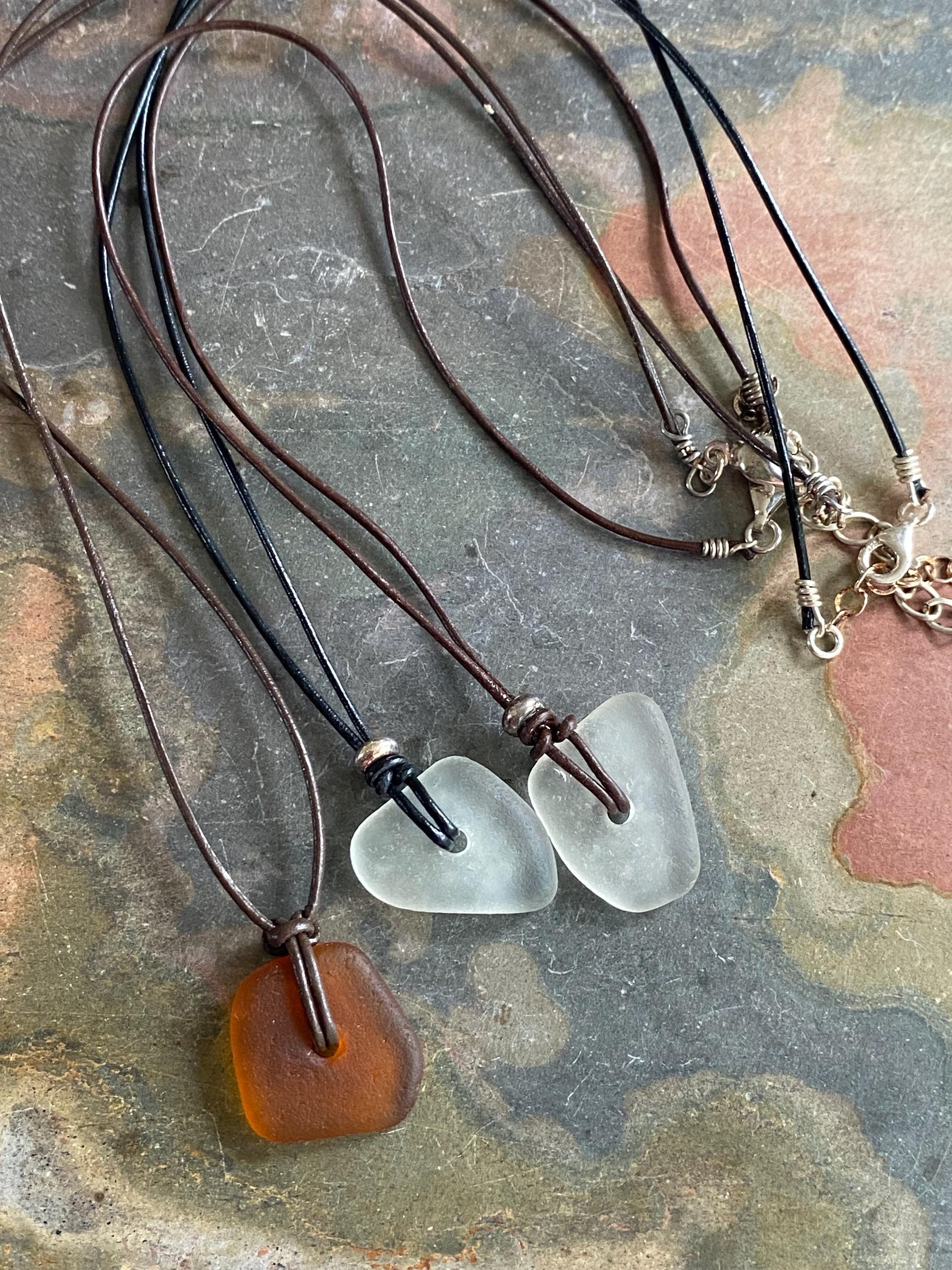 Sea Glass Pendant in Leather & Sterling Silver Beads, Surfer Gifts for Men, Beach Lovers Necklace, Beach Glass Necklace,