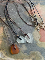 Sea Glass Pendant in Leather & Sterling Silver Beads, Surfer Gifts for Men, Beach Lovers Necklace, Beach Glass Necklace,