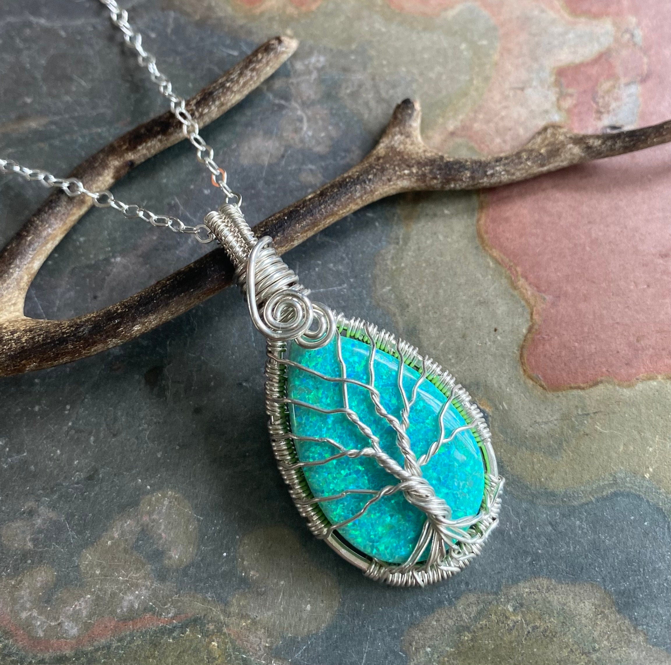 Opal Pendant, Fast READY Ship in 1 to 2 days, STERLING SILVER White Opal Necklace, October Birthstone Necklace, Opal Tree of Life Necklace