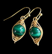 May Birthstone Malachite Earrings in Gold, Hand Wire Wrapped Malachite Dangling Earrings in Natural Copper, Green Malachite Gold Jewelry,