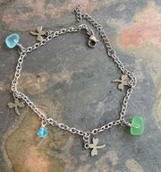 Sea Glass Dragonfly Charm Ankle Bracelet, Blue Sea Glass Anklet, Beach Foot Jewelry, Summer Fashion Beach Ankle, Anklet Gift for All Ages