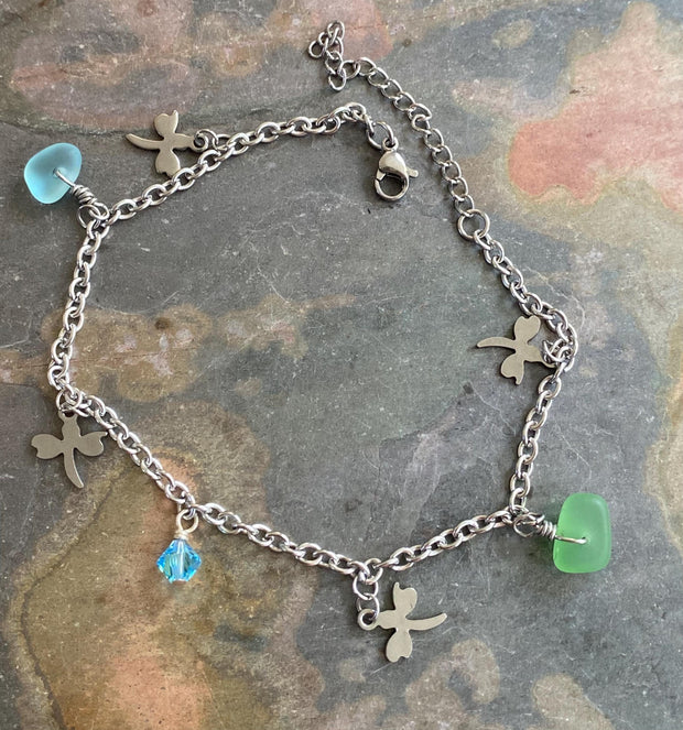 Sea Glass Dragonfly Charm Ankle Bracelet, Blue Sea Glass Anklet, Beach Foot Jewelry, Summer Fashion Beach Ankle, Anklet Gift for All Ages