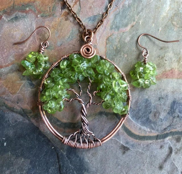 Peridot Tree of Life Necklace and Earring SET, August Birthstone Necklace & Earring SET, August Birthday Jewelry Gifts for Women,