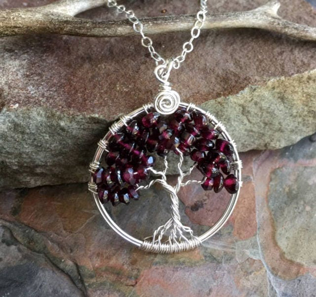 Sterling Silver Garnet Necklace,Garnet Tree of Life Necklace with .925 Sterling Silver Chain, January Birthstone Tree of Life, Gifts for Her