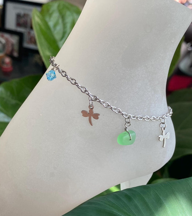 Sea Glass Dragonfly Charm Ankle Bracelet, Blue Sea Glass Anklet, Beach Foot Jewelry, Summer Fashion Beach Ankle, Anklet Gift for All Ages