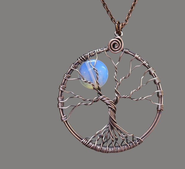 Blue Opalite Full Moon Tree of Life Pendant in Antiqued copper - Wire Wrapped Full Moon Tree of Life Pendant Necklace, Opalite Moon Tree