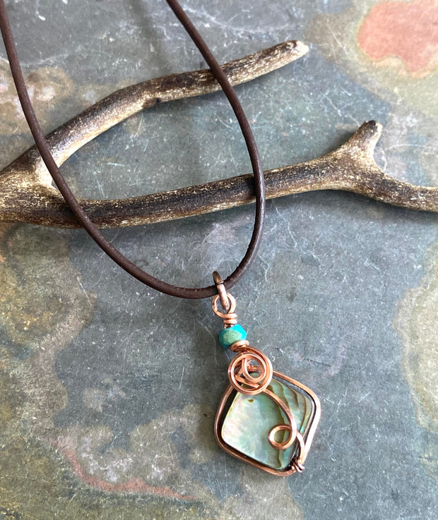 Abalone Necklace, Wire Wrapped Abalone Pendant in Copper, Abalone Jewelry, Rainbow Abalone Necklace, Necklace for Women, Summer Necklace