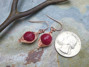 Jade Earrings in Copper, Wire Wrapped Earrings, Red Jade Herringbone Dangle Earrings in Copper, Red Jade Copper Earrings,