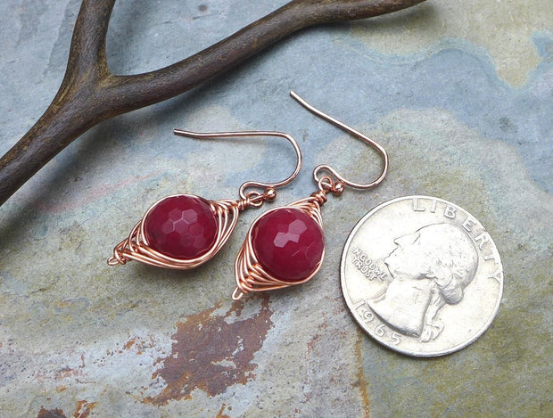 Jade Earrings in Copper, Wire Wrapped Earrings, Red Jade Herringbone Dangle Earrings in Copper, Red Jade Copper Earrings,