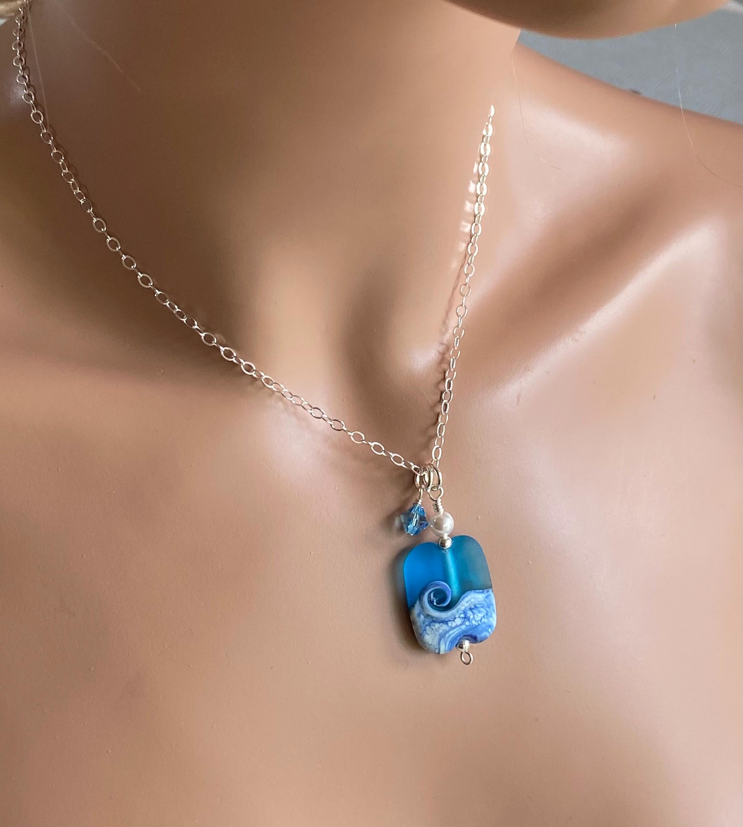 Wave Necklace, Lapmwork Ocean Wave Necklace, Blue Beach Wave Necklace, Beach Wave Jewelry, Blue Sea Glass Necklace sterling silver