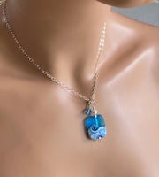 Wave Necklace, Lapmwork Ocean Wave Necklace, Blue Beach Wave Necklace, Beach Wave Jewelry, Blue Sea Glass Necklace sterling silver