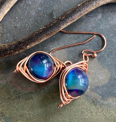 Tiger Eye Earrings, Wire Wrapped Cat Eye Aurora Tiger Eye Dangle Earrings, Gemstone Earrings, Orange Fire Agate Gemstone Earrings,
