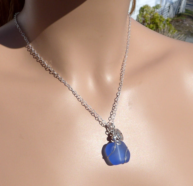 Beach Glass Necklace, Sky Blue Sea Glass Sand Dollar Necklace. Sea themed Charm Necklace, Beach Weddings, Bridesmaid Necklace/jewelry