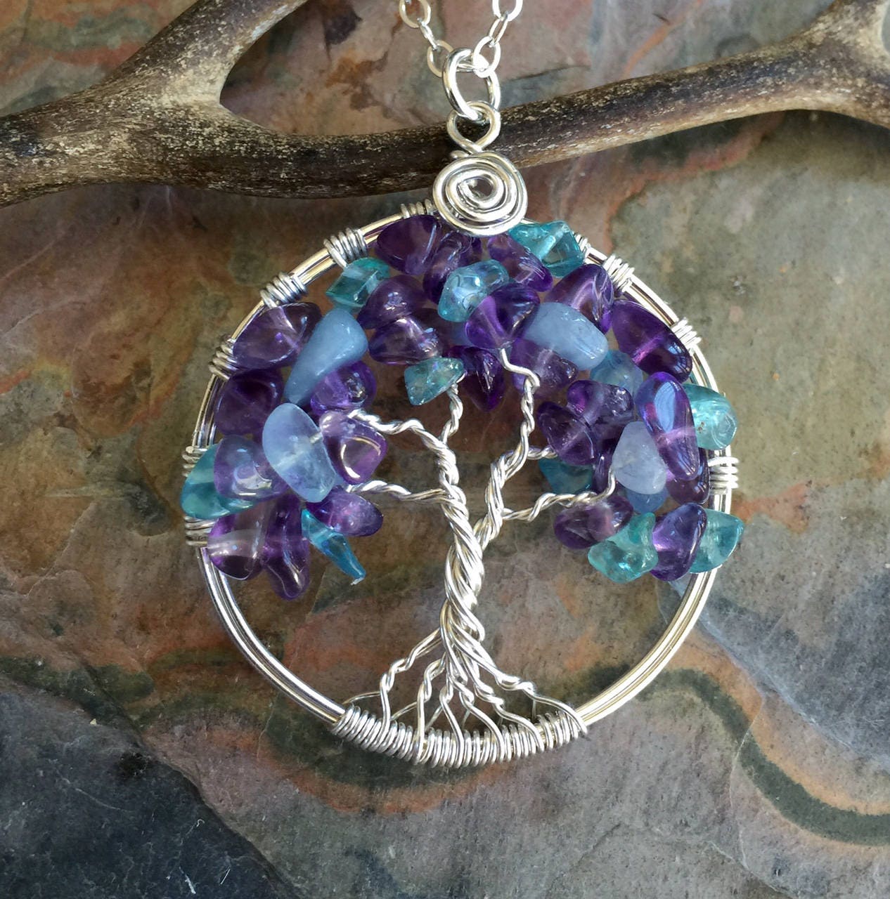 Birthstone Tree of Life necklace with amethyst and aquamarine, Amethyst and Aquamarine Tree of Life, Customizable Tree of Life necklace