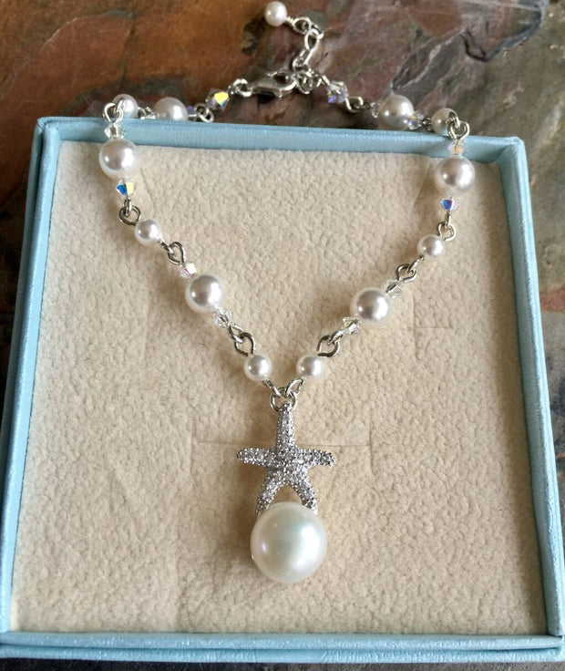 Starfish Charm Pearl Crystal Bracelet,Beach Starfish Necklace & Earrings, Starfish Ocean theme jewelry,Bridal Bracelet, Bridesmaid bracelet