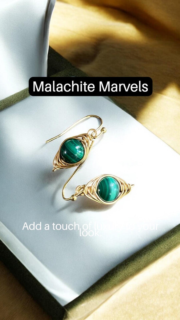 May Birthstone Malachite Earrings in Gold, Hand Wire Wrapped Malachite Dangling Earrings in Natural Copper, Green Malachite Gold Jewelry,