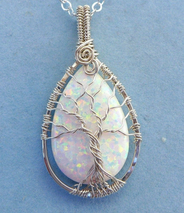 Opal jewelry, STERLING SILVER White Opal Tree of Life Necklace, October Birthstone