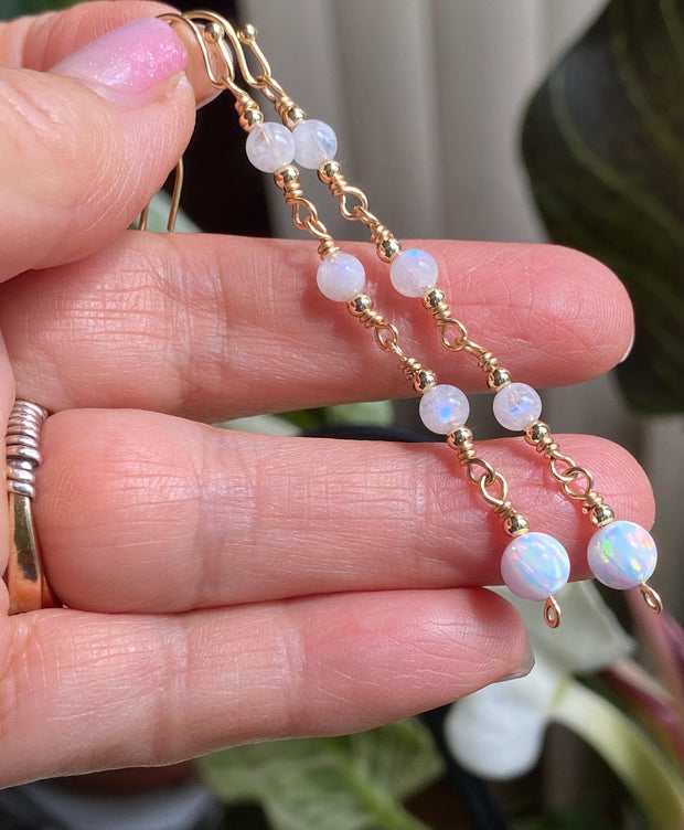 Moonstone Long Elegant Earrings in Gold, Wired Wrapped Opal Dangling Earrings, June Birthstone Earrings, October Birthstone Earrings