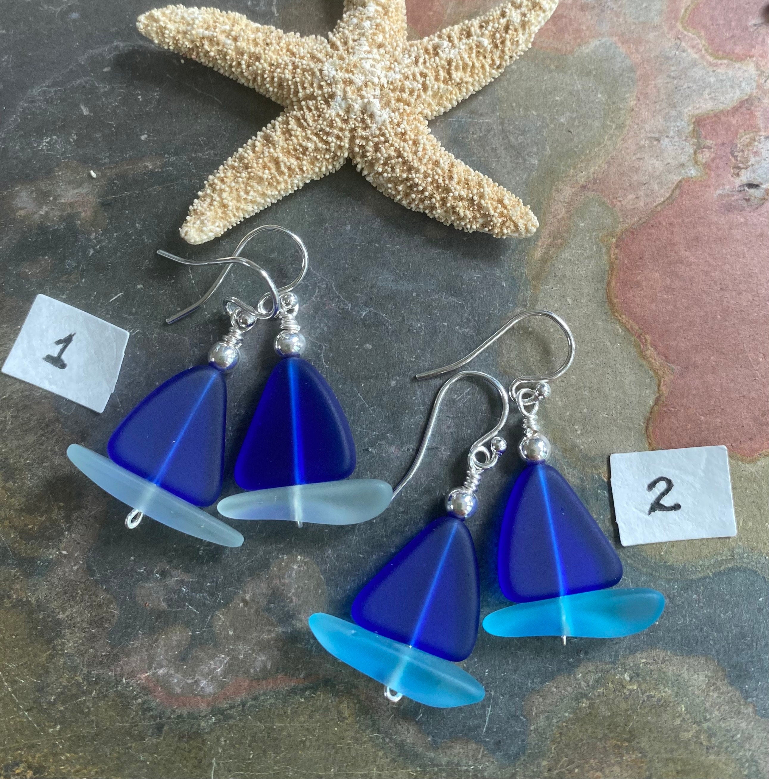 STERLING SILVER Sailboat Sea Glass Earrings, Cobalt Blue Sea Glass Earrings, Blue Sea Glass Earrings, Beach Weddings,, Sea glass