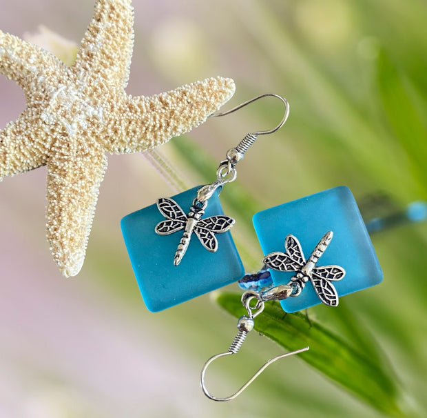 Dragonfly Sea Glass Earrings,Sea Beach Glass Dragonfly Earrings, Turquoise Blue Sea Glass Earrings, Dragonfly Earrings, Fantasy Earrings