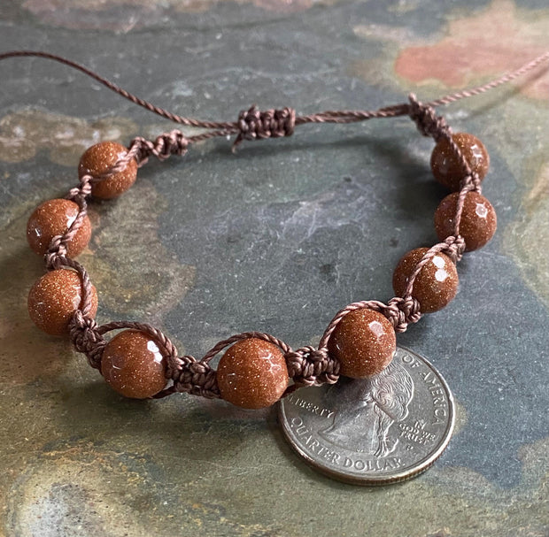 Macramé Goldstone Bracelet with Sliding Knot ,Bohemian Design Jewelry, Boho Style Stone Beaded Adjustable  Bracelet, Brown Bracelet,