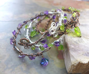 Wire Wrapped Peridot/Amethyst Bracelet, Adjustable Silver bracelet,Birthstone Bracelet,