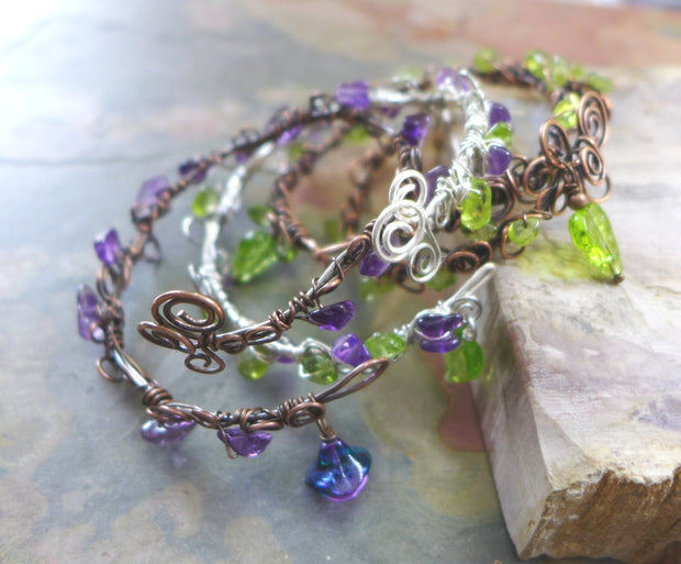 Wire Wrapped Peridot/Amethyst Bracelet, Adjustable Silver bracelet,Birthstone Bracelet,