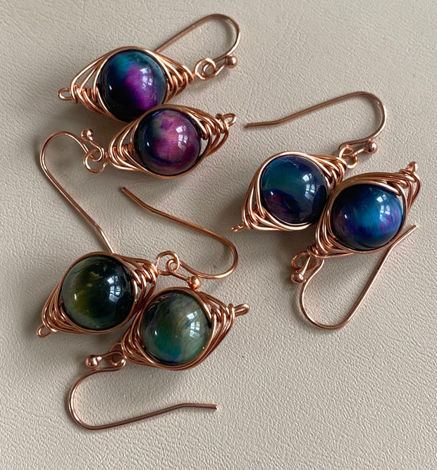 Tiger Eye Earrings, Wire Wrapped Cat Eye Aurora Tiger Eye Dangle Earrings, Gemstone Earrings, Orange Fire Agate Gemstone Earrings,