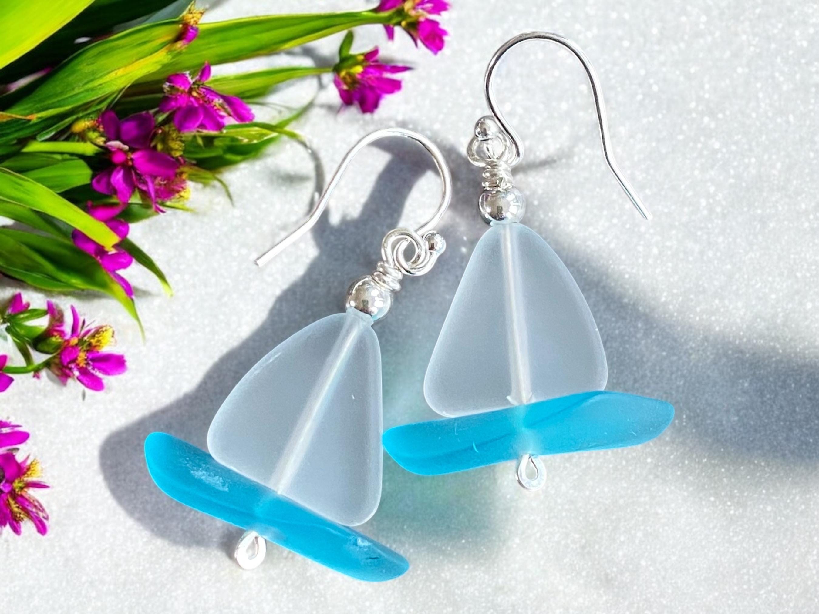 Nautical White Sea Glass Sailboat Necklace & Earring SET in Sterling Silver, Ocean-Inspired Beach Glass Sailboat Necklace and Earring SET,