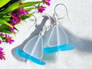 Nautical White Sea Glass Sailboat Necklace & Earring SET in Sterling Silver, Ocean-Inspired Beach Glass Sailboat Necklace and Earring SET,