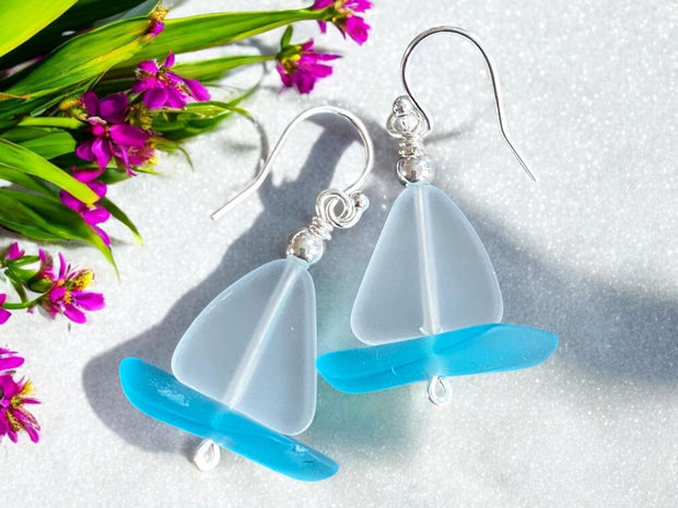 Nautical White Sea Glass Sailboat Necklace & Earring SET in Sterling Silver, Ocean-Inspired Beach Glass Sailboat Necklace and Earring SET,