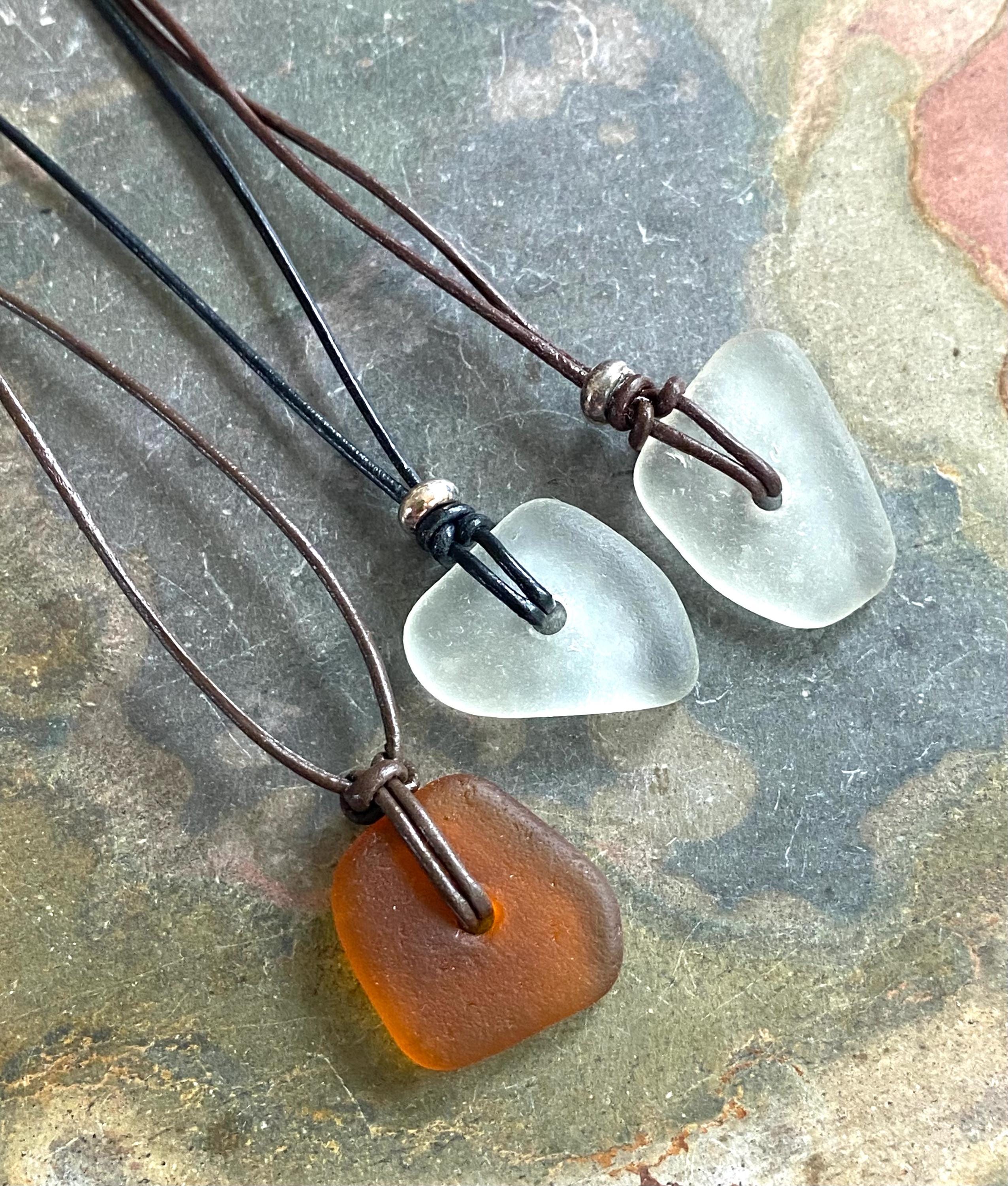 Sea Glass Pendant in Leather & Sterling Silver Beads, Surfer Gifts for Men, Beach Lovers Necklace, Beach Glass Necklace,
