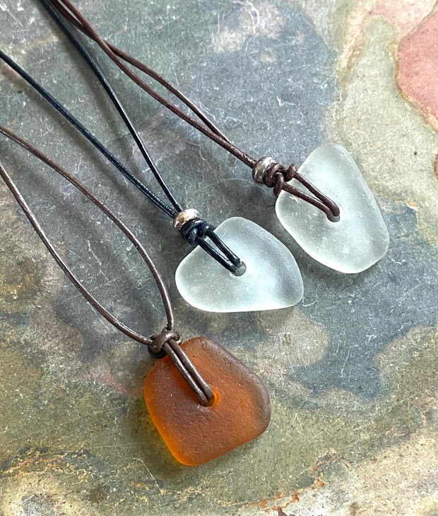 Sea Glass Pendant in Leather & Sterling Silver Beads, Surfer Gifts for Men, Beach Lovers Necklace, Beach Glass Necklace,