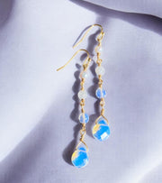 Handmade Moonstone, Pearl & Opalite in Gold Long Dangle Earrings, Elegant Moonstone Long Earrings, June Birthstone Gift for Her