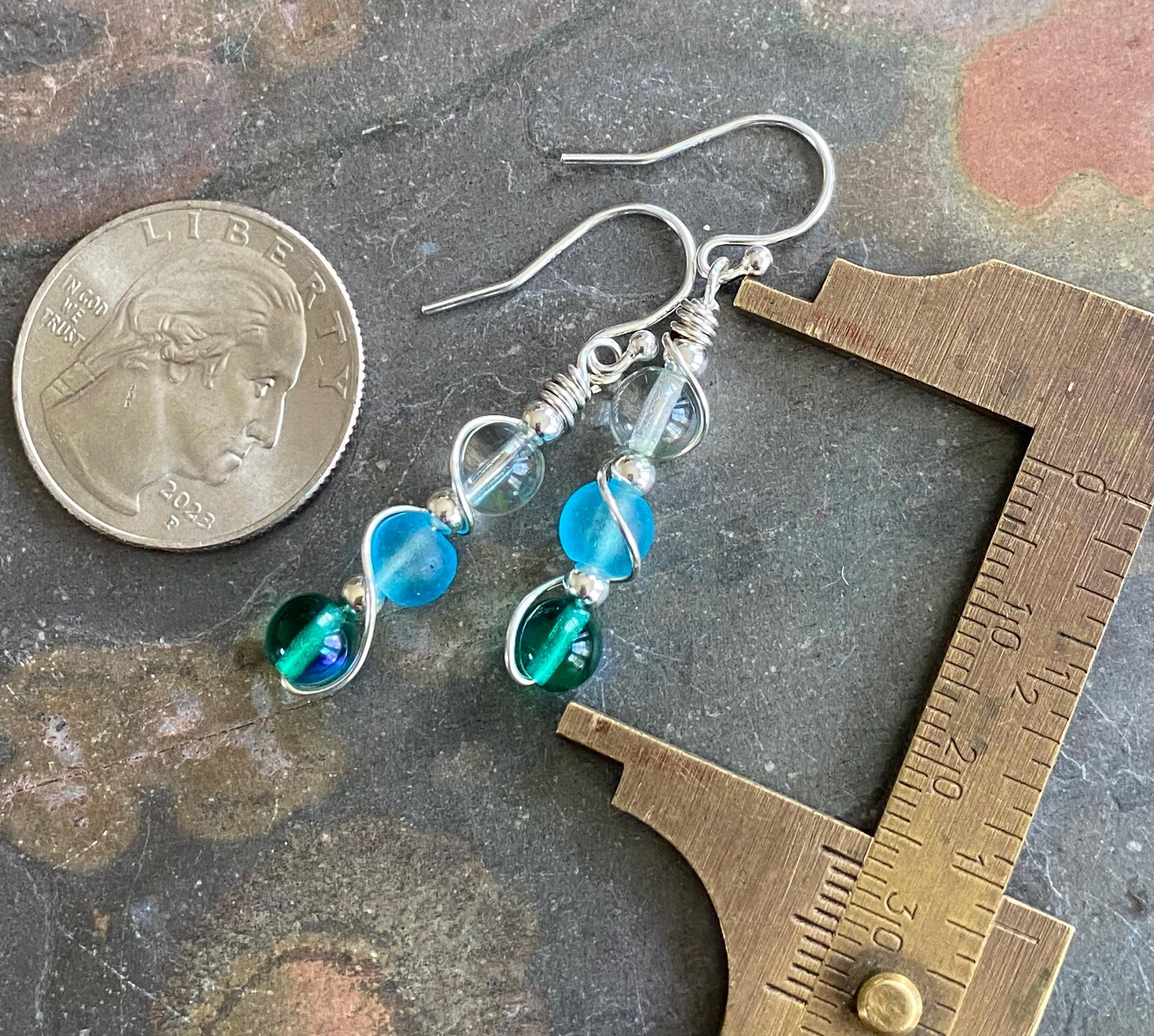 Wire wrapped Sea Glass Jewelry in Sterling Silver, Sea Glass Silver Earrings, Dangling Earrings ,Beach Weddings, Sea Glass  earrings