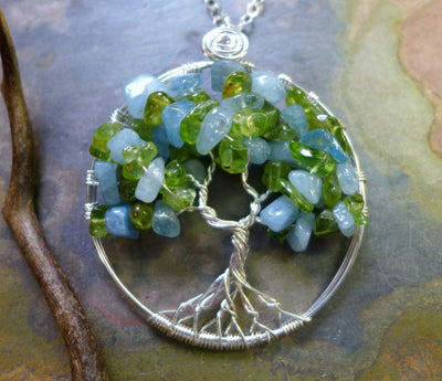 Sterling Silver Tree of Life Pendant Aquamarine/Peridot Gemstone Tree of Life Pendant