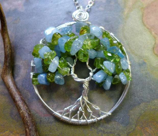 Sterling Silver Tree of Life Pendant Aquamarine/Peridot Gemstone Tree of Life Pendant